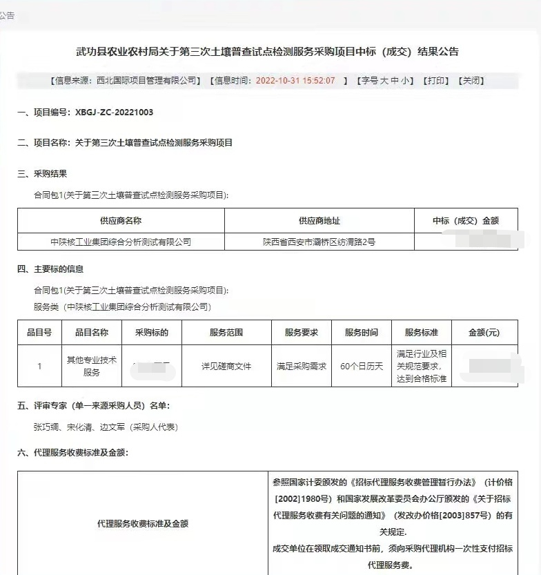 测试公司成功中标《武功县农业农村局关于第三次土壤普查试点检测服务采购项目》