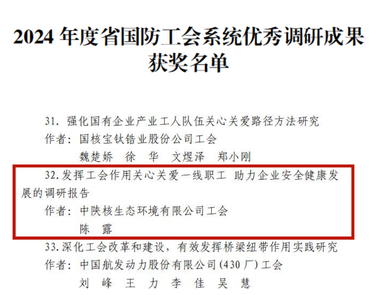 【调研赋能·荣誉】喜报！中陕核生态公司工会调研报告获评省国防工会系统优秀成果奖